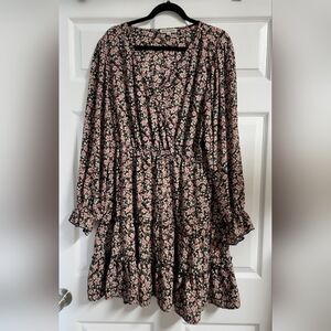 Inspired Hearts Womens Floral Black and Pink Tiered Midi Dress Size 3X